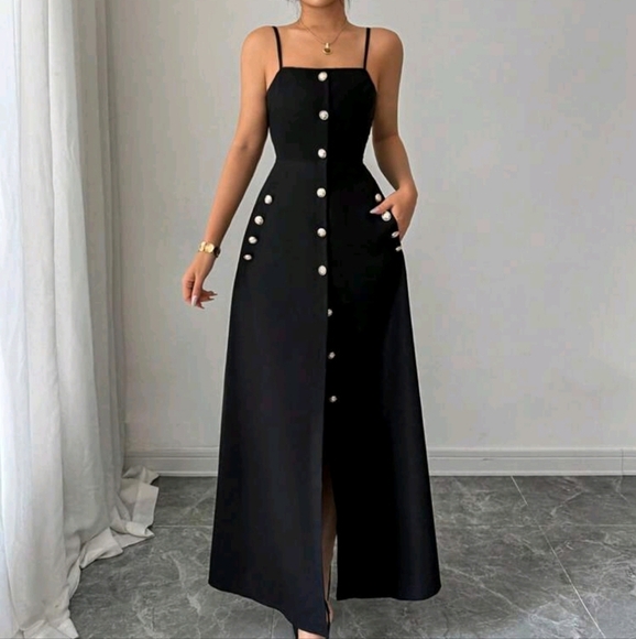 Women's Adjustable Strap Button Decor Waisted Long Dress, Elegant & Graceful - Picture 4 of 4
